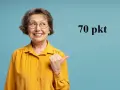 Uśmiechnięta starsza pani w żółtej bluzce wskazuje kciukiem na tekst "70 pkt", sugerując świadczenie wspierające punkty.