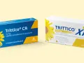 Dwa opakowania leku Trittico CR i Trittico XR z motywem słonecznika. Trittico CR 75 mg, Trittico XR 150 mg.