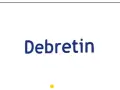 Niebieski napis Debretin na białym tle.