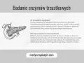 Ilustracja przedstawia trzustkę. Tekst omawia, jakie badania na trzustkę są wykonywane, w tym badanie enzymów trzustkowych.