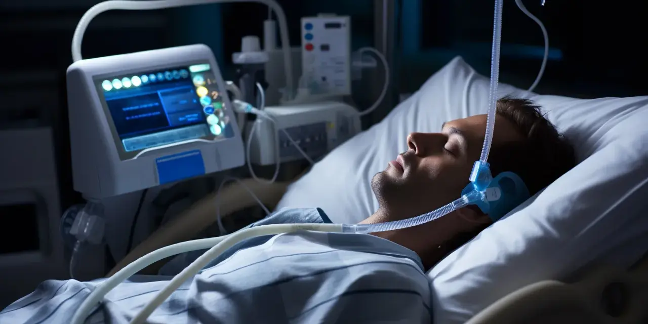 Mężczyzna śpi w łóżku szpitalnym z maską CPAP na twarzy, podłączony do aparatury monitorującej. To badanie polisomnografia.
