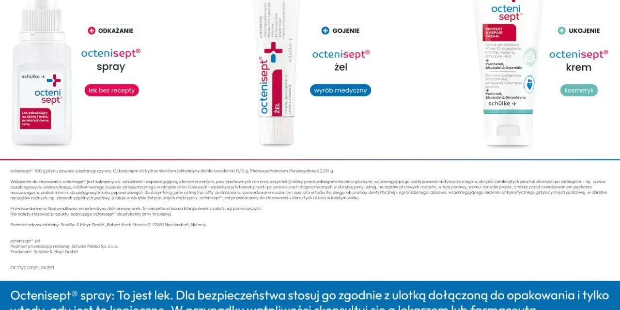 Octenisept spray i żel to produkty do dezynfekcji i gojenia ran. Spray jest lekiem, a żel wyrobem medycznym. Oba pomagają w leczeniu oparzeń.