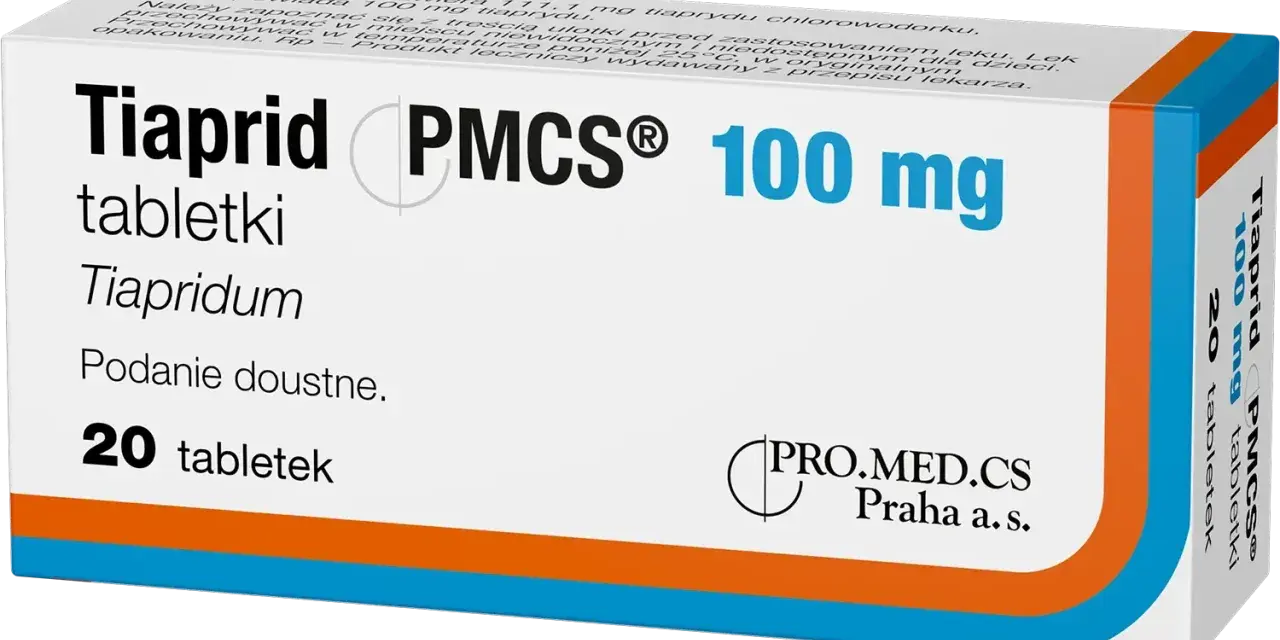 Opakowanie leku Tiaprid 100 mg, zawierające 20 tabletek. Tiapridum to substancja czynna.