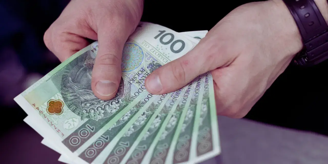 Dłonie trzymają stos banknotów 100 zł. Czy to wystarczy, by pokryć ile wynosi najniższa krajowa?