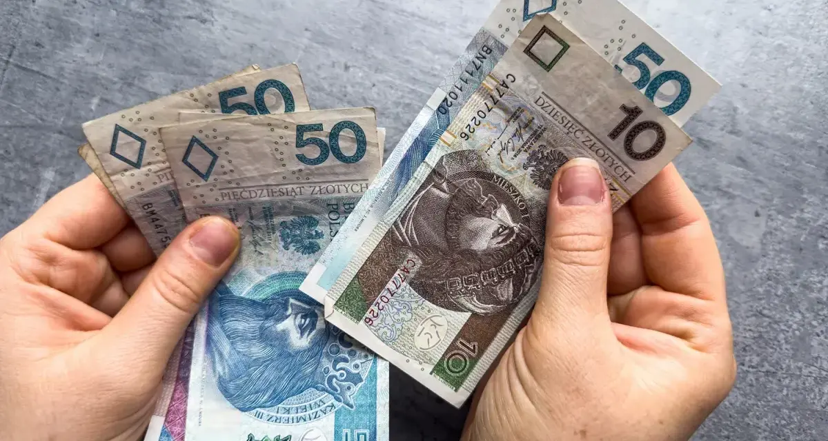 Dłonie trzymają polskie banknoty 10 i 50 zł. Może to symbolizować oczekiwanie na ponowne przeliczenie emerytury ZUS.