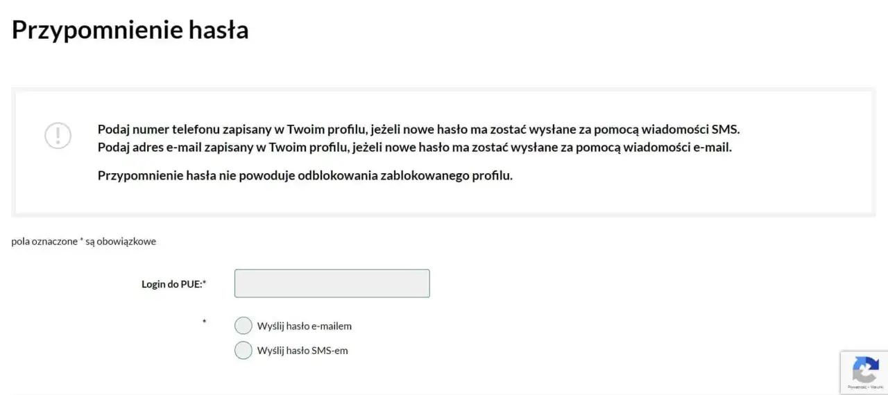 Formularz przypomnienia hasła do PUE. Podaj login, wybierz sposób wysyłki hasła: e-mailem lub SMS-em.