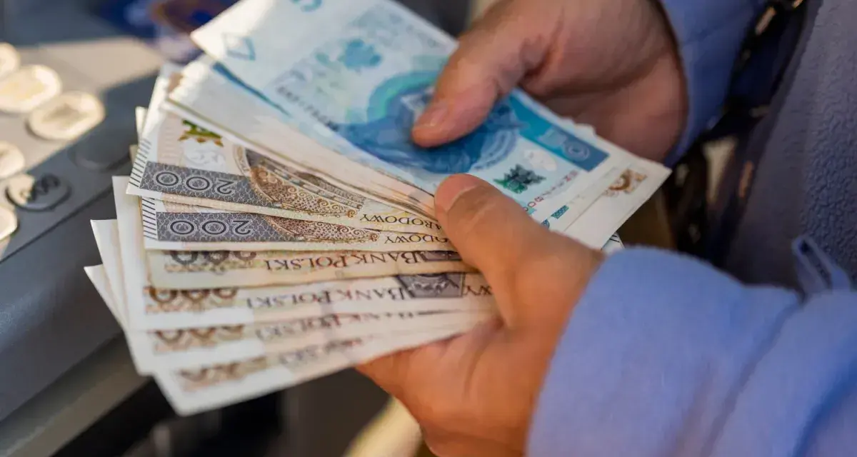 Ręce trzymające stos banknotów 200 zł i 50 zł. Zastanawiasz się, renta alkoholowa ile wynosi?
