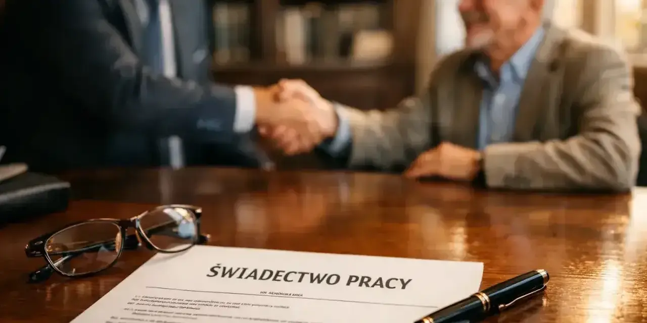 Uścisk dłoni na zakończenie formalności. Na stole świadectwo pracy, okulary i pióro. To symboliczna odprawa emerytalna.