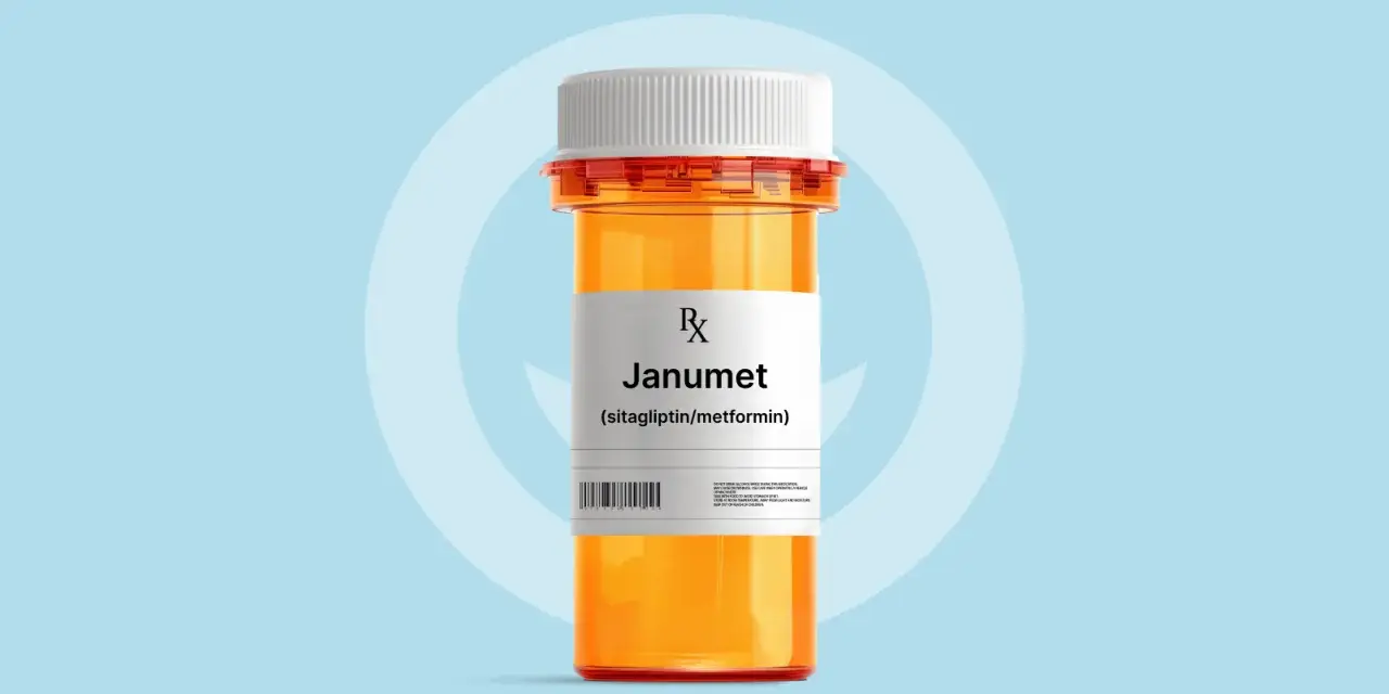 Pomarańczowa buteleczka leku Janumet (sitagliptin/metformin) od Adamed.