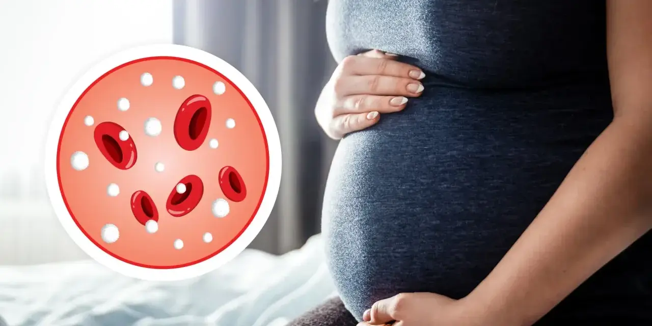Ciężarna kobieta z symbolem krwinek, sugerującym leukocytozę.