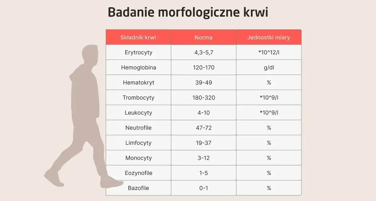 Tabela z badaniem morfologicznym krwi, pokazująca normy dla erytrocytów, hemoglobiny, hematokrytu, trombocytów, leukocytów, neutrofili, limfocytów, monocytów, eozynofili i bazofili. Obok sylwetka człowieka.