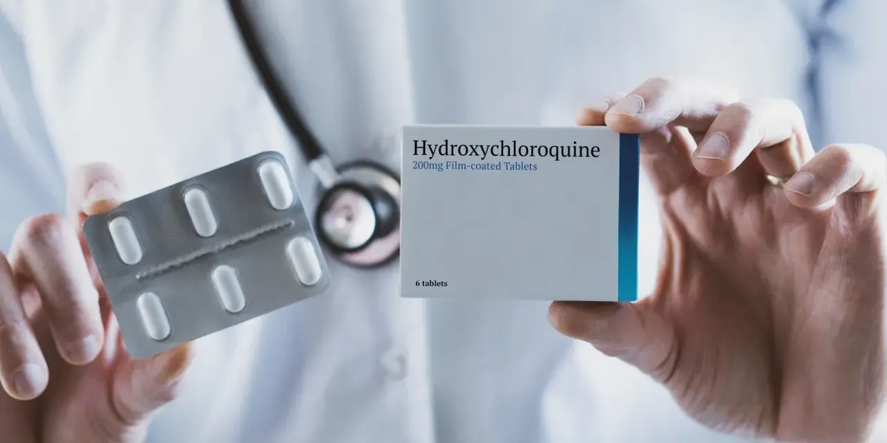 Lekarz prezentuje opakowanie leku Hydroxychloroquine 200mg i blister z tabletkami.