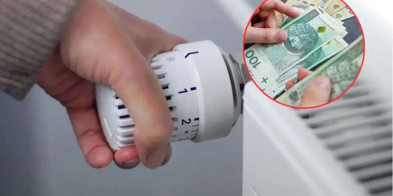 Ręka reguluje termostat grzejnika, a w tle widać polskie banknoty. To symbol oszczędzania na ogrzewaniu, być może dzięki bonowi ciepłowniczy.