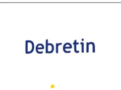 Niebieski napis Debretin na białym tle.