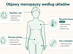 Objawy menopauzy: wahania nastroju, uderzenia gorąca, suchość pochwy, zmiany kostne. Spadek estrogenu wpływa na wiele układów.