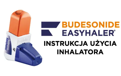 Pomarańczowo-biały inhalator budesonide easyhaler z niebieską nakładką. Obok logo i napis "Instrukcja użycia inhalatora".
