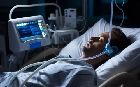 Mężczyzna śpi w łóżku szpitalnym z maską CPAP na twarzy, podłączony do aparatury monitorującej. To badanie polisomnografia.