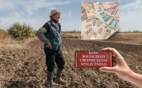 Rolnik na polu, smartfon z napisem "KASA ROLNICZEGO UBEZPIECZENIA SPOŁECZNEGO" i stos banknotów. Emerytura z KRUS.