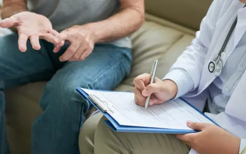 Lekarz ocenia stan pacjenta, wypełniając dokumentację medyczną. Prawdopodobnie używa skali Barthel do oceny samodzielności.