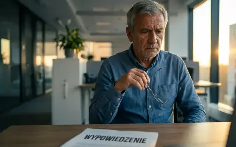 Zamyślony starszy mężczyzna z okularami w dłoni, przed nim dokument "Wypowiedzenie". To trudny okres ochronny przed emeryturą.