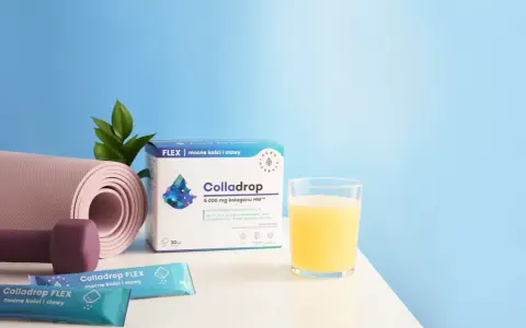 Aktywny senior z Colladrop FLEX: mata do ćwiczeń, hantle, napój i suplementy dla mocnych kości i stawów.