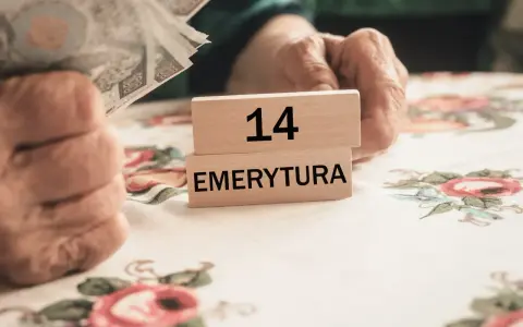 Dłonie trzymają pieniądze obok drewnianych klocków z napisem "14 EMERYTURA".