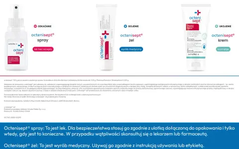 Octenisept spray i żel to produkty do dezynfekcji i gojenia ran. Spray jest lekiem, a żel wyrobem medycznym. Oba pomagają w leczeniu oparzeń.