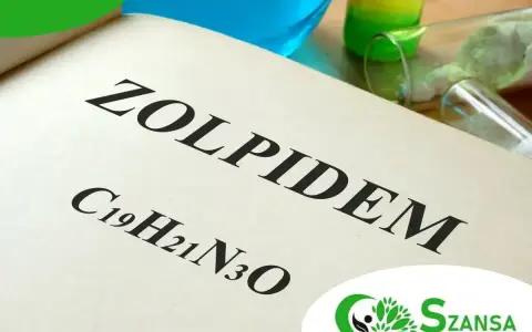 Zolpidem, jego wzór chemiczny C19H21N3O, na tle laboratoryjnym. Logo "Szansa na wolność" sugeruje pomoc w leczeniu uzależnień.