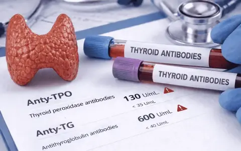 Model tarczycy obok probówek z napisem "THYROID ANTIBODIES" i wynikiem badania anty-TPO.