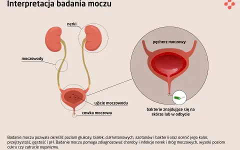 Ilustracja układu moczowego z zaznaczonymi nerkami, moczowodami i pęcherzem. Powiększenie pokazuje bakterie w pobliżu ujścia cewki moczowej, sugerując obecność bakterii w moczu.
