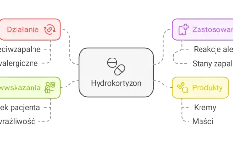 Schemat przedstawia hydrokortyzon: działanie (przeciwzapalne, przeciwalergiczne), zastosowania (reakcje alergiczne, stany zapalne), przeciwwskazania (wiek, nadwrażliwość) i produkty (kremy, maści). Oxycort maść to jeden z produktów.