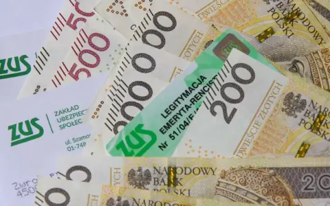 ZUS i polskie banknoty 200 i 500 zł. Legitymacja emeryta-rencisty ZUS leży na pieniądzach.