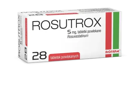 Opakowanie leku Rosutrox 5 mg, zawierające 28 tabletek powlekanych. Producent Biofarm.
