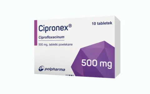 Opakowanie leku Cipronex 500 mg, zawierające 10 tabletek powlekanych. Producent: Polpharma.