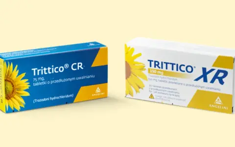 Dwa opakowania leku Trittico CR i Trittico XR z motywem słonecznika. Trittico CR 75 mg, Trittico XR 150 mg.