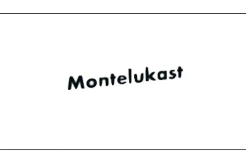 Napis "Montelukast" w kolorze czarnym, lekko pochylony, na białym tle.