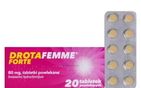 Drotafemme Forte na co pomaga? Opakowanie leku z 20 tabletkami powlekanymi, zawierającymi drotaweryny chlorowodorek.