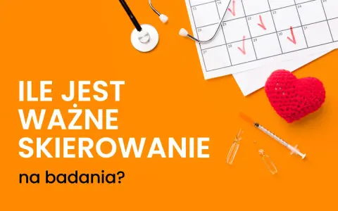 Ile jest ważne skierowanie na badania? Stetoskop, kalendarz z zaznaczonymi datami, strzykawka i serce sugerują troskę o zdrowie.