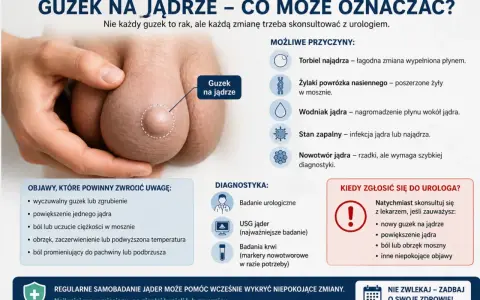 Guzek na jądrze, który może oznaczać różne rzeczy, od łagodnych zmian po nowotwór. Ból lub uczucie ciężkości w mosznie to jeden z objawów.