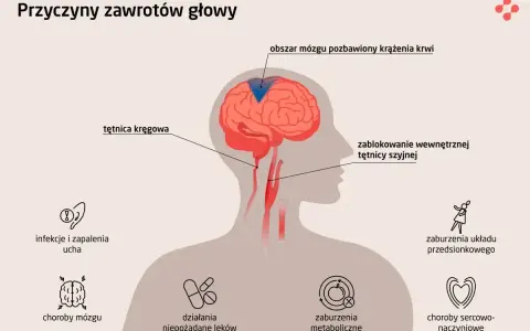 Ilustracja przedstawia przyczyny zawrotów głowy: zablokowanie tętnicy szyjnej, infekcje ucha, choroby mózgu, zaburzenia metaboliczne i sercowo-naczyniowe.