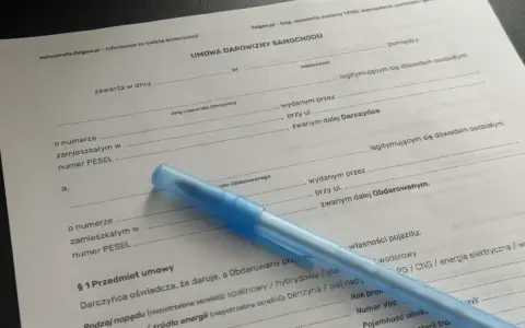 Umowa darowizny samochodu. Dokument zawiera dane darczyńcy i obdarowanego, szczegóły pojazdu oraz miejsce na podpisy.
