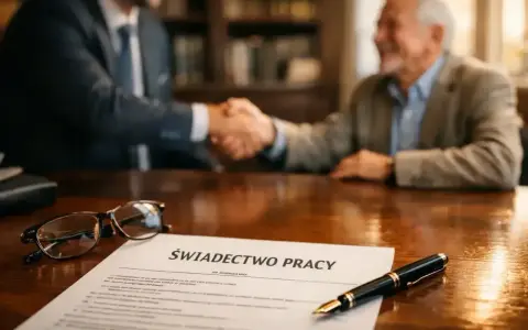 Uścisk dłoni na zakończenie formalności. Na stole świadectwo pracy, okulary i pióro. To symboliczna odprawa emerytalna.
