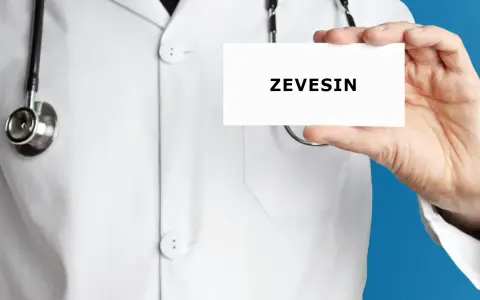 Lekarz w białym kitlu trzyma kartkę z napisem ZEVEISIN. Stetoskop wisi na jego szyi.