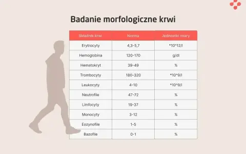 Tabela badań morfologicznych krwi, uwzględniająca normy dla erytrocytów, hemoglobiny, hematokrytu, trombocytów i leukocytów.
