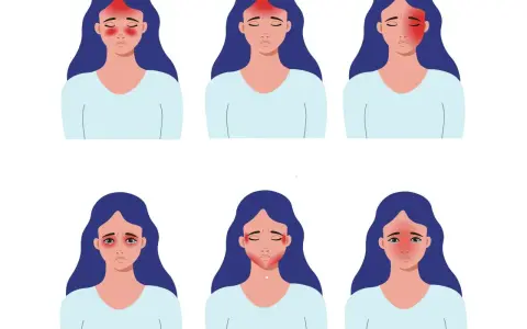 Ilustracje przedstawiają kobiety z różnymi rodzajami bólu głowy, w tym z bólem głowy z prawej strony.