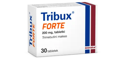 Opakowanie leku Tribux FORTE 200 mg, 30 tabletek. Pomaga na problemy z układem pokarmowym.