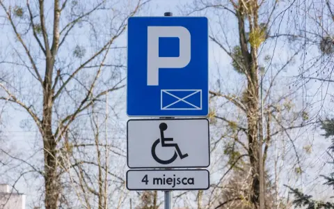Znak informuje o parkingu dla osób z niepełnosprawnościami. Orzeczenie o niepełnosprawności można uzyskać na wiele chorób, np. schorzenia narządu ruchu.