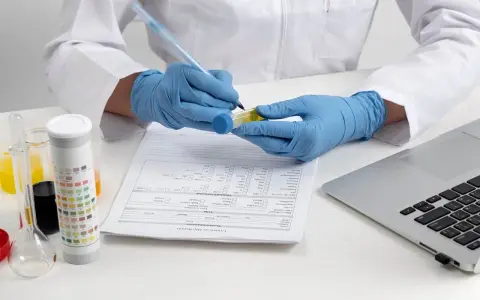 Laborantka w rękawiczkach analizuje próbkę moczu, notując wyniki. Badanie może obejmować poziom aminotransferazy alaninowej.