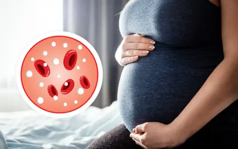 Ciężarna kobieta z symbolem krwinek, sugerującym leukocytozę.