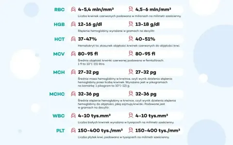 Tabela z wynikami morfologii krwi: RBC, HGB, HCT, MCV, MCH, MCHC, WBC, PLT. Wyjaśnia, co to jest hgb i inne parametry.